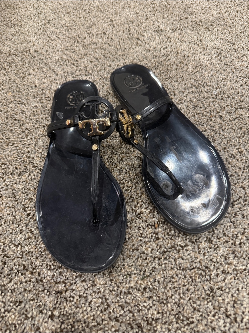 Tory Burch Black Jelly Logo Thong Sandals with Gold Accents